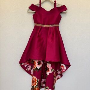 Rare Editions Vibrant Pink Dress with High / Low design and floral inset